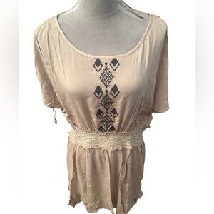 NWTs Umgee Women's Dress in Soft Tan W cold shoulder and tassels.